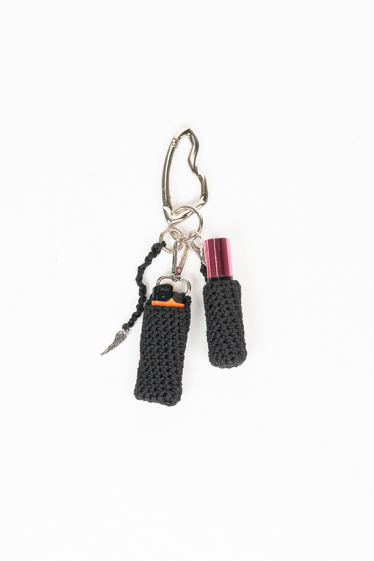 Keychain with Lighter Case, Lipgloss Case & Angel Wing – Black