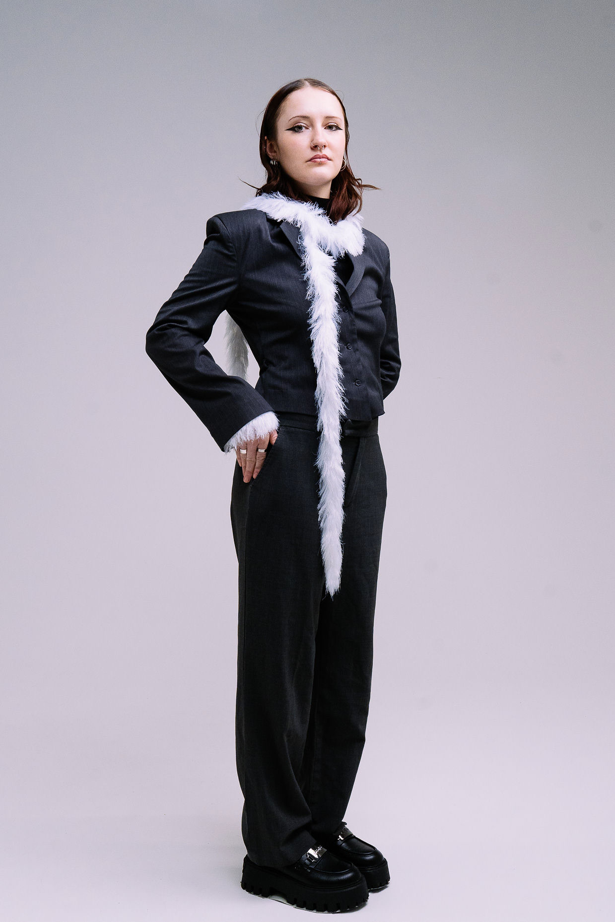 Faux Fur Scarf with Hand Warmers – White